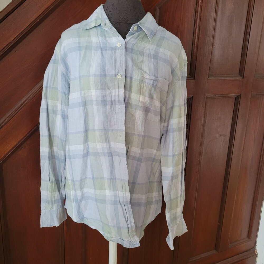 Jones New York Sport Plaid Long Sleeve Linen Shirt Size M